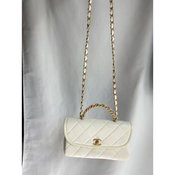 Chanel Timeless Classique Top Handle Leather Bag Quilted Flap White Cream Gold - Picture 8 of 15